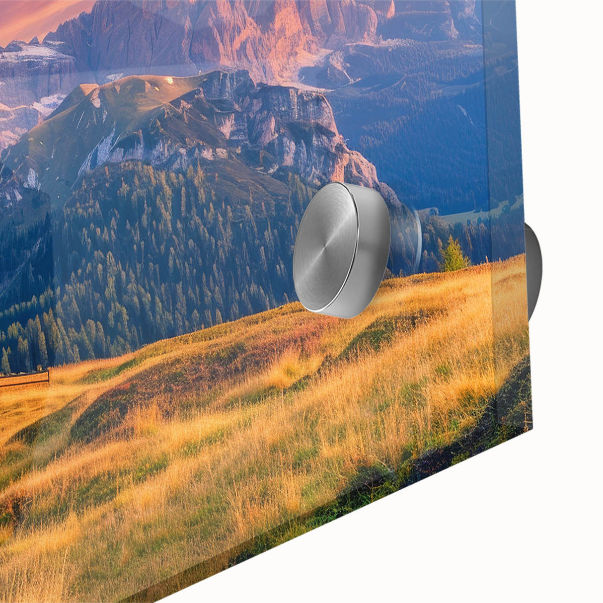 Large abstract depiction of the Dolomites in Italy on acrylic glass, featuring muted earth tones, ideal for dining room art.