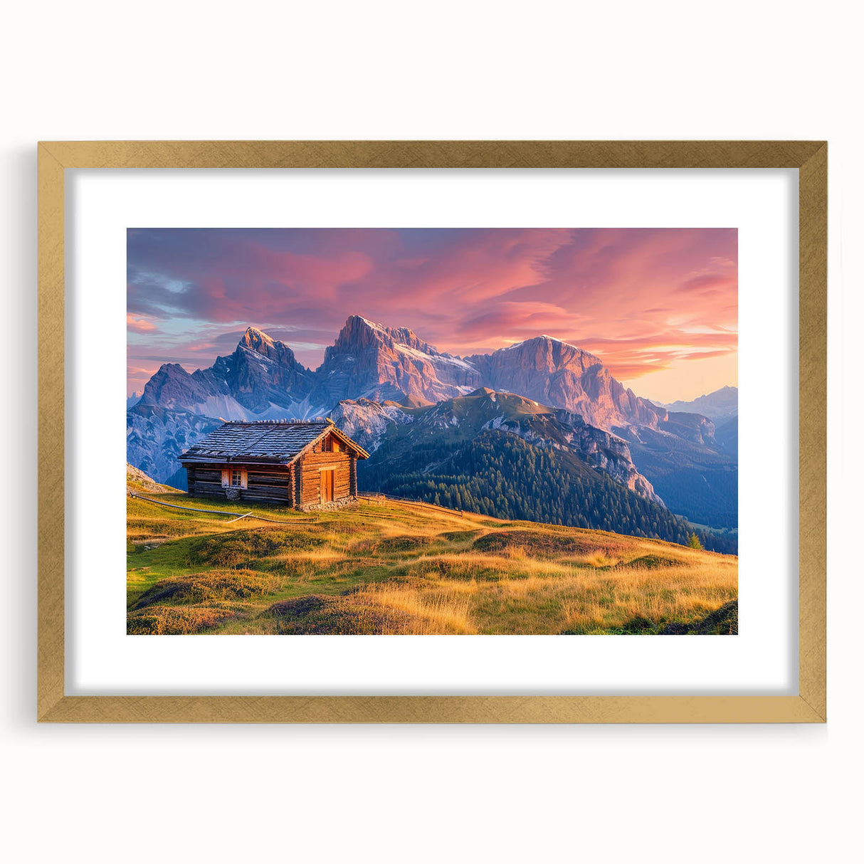 Abstract art print of the Dolomites in Italy, featuring muted earth tones on a framed canvas, suitable for dining room decor.