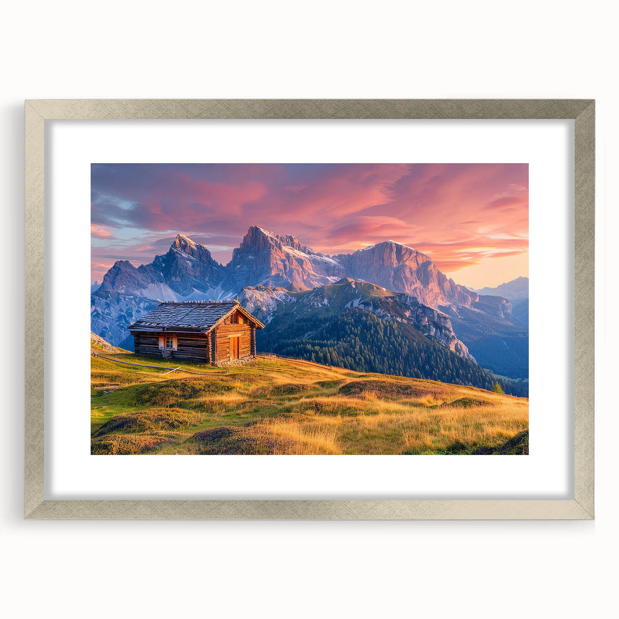 Extra large wall art featuring abstract textured scenery of the Dolomites in Italy, with muted earth tones, framed in silver.