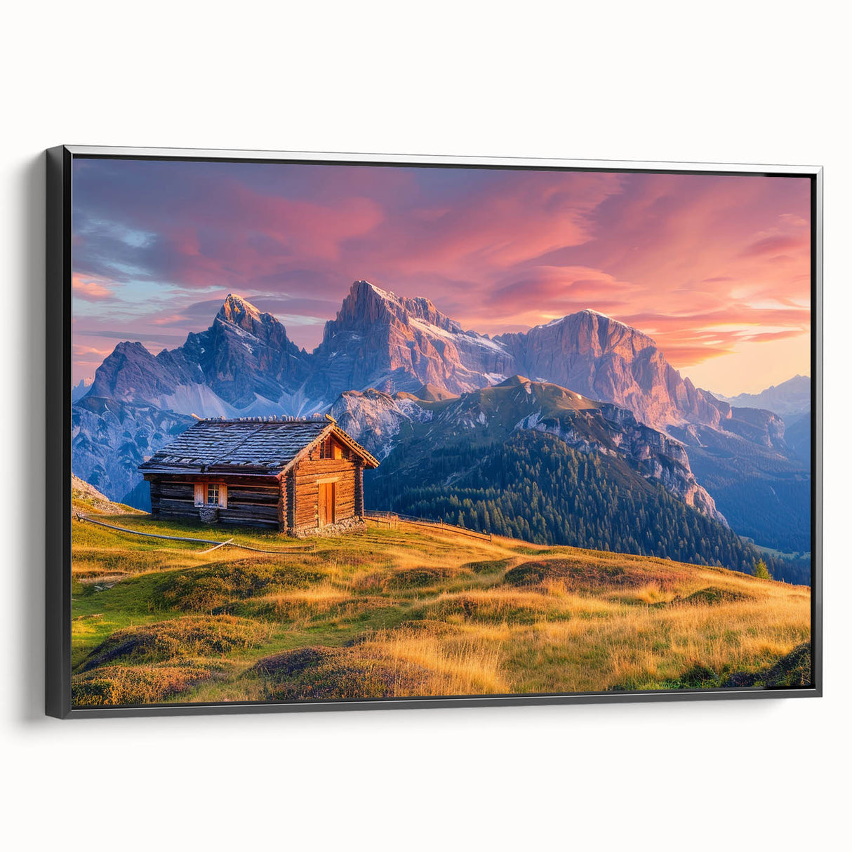 Black and white landscape art painting of the Dolomites on framed canvas, suitable for bedroom decor.