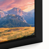 Extra large framed canvas of the Dolomites in Italy, featuring a textured, colorful art style on a black background.