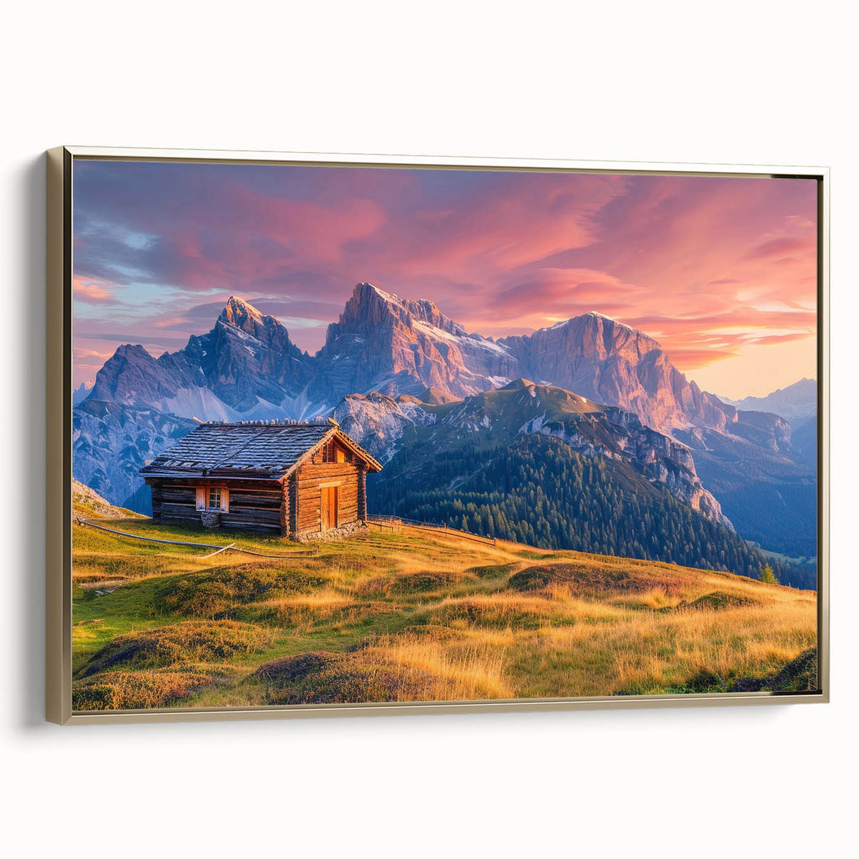 Framed canvas depicting the Dolomites in Italy with muted earth tones, ideal for bedroom wall art.
