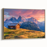 Framed canvas depicting the Dolomites in Italy with muted earth tones, ideal for bedroom wall art.