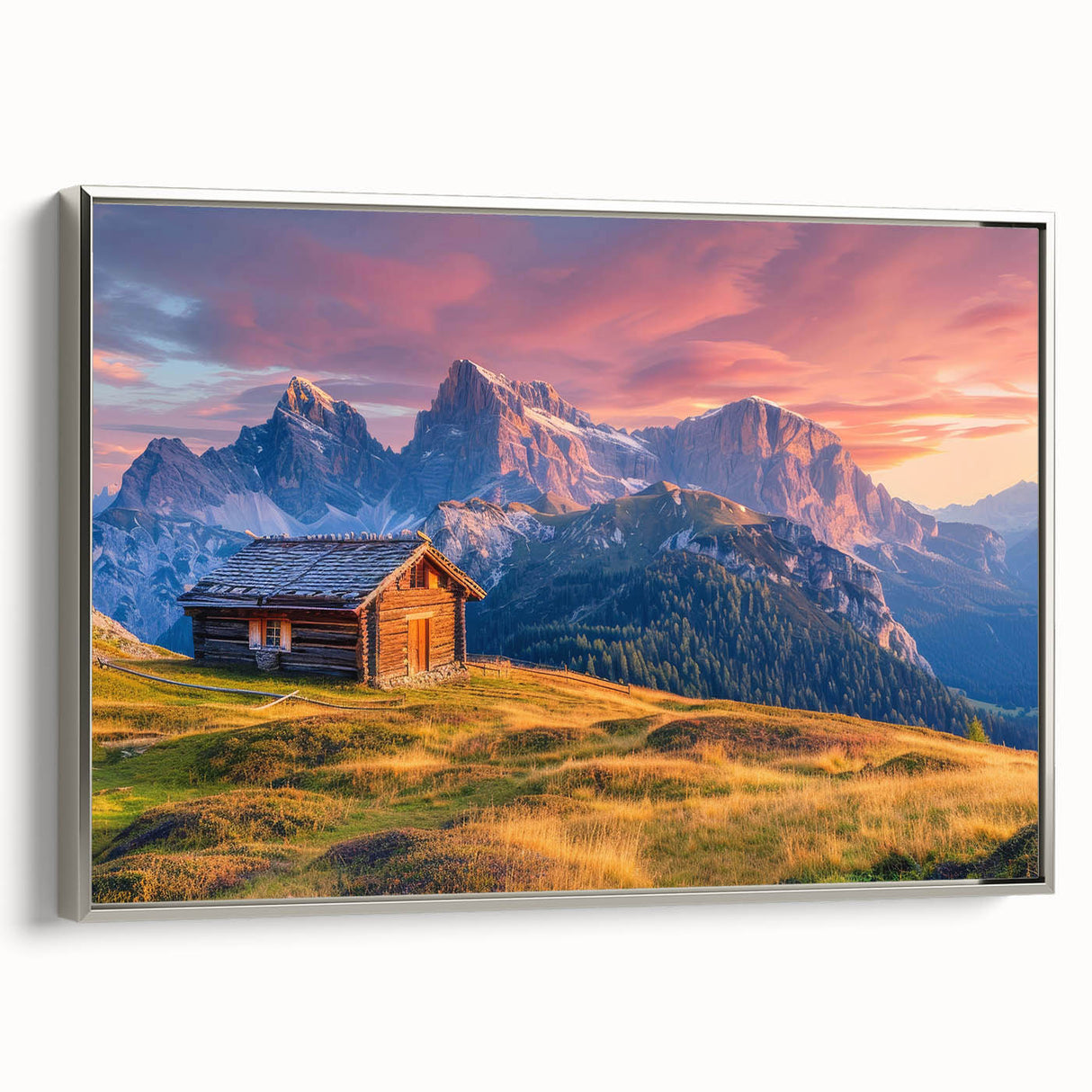 Landscape art painting of the Dolomites in Italy, featuring vibrant green and blue tones on a framed canvas.