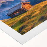 Art deco poster of the Dolomites in Italy, featuring muted earth tones on rolled canvas, ideal for dining room decor.