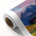 Art deco poster of the Dolomites in Italy, featuring pastel hues on rolled canvas, ideal for nursery wall art.