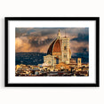Colorful art depicting an abstract Florence landscape, in a black frame with mat, ideal for living room decor.