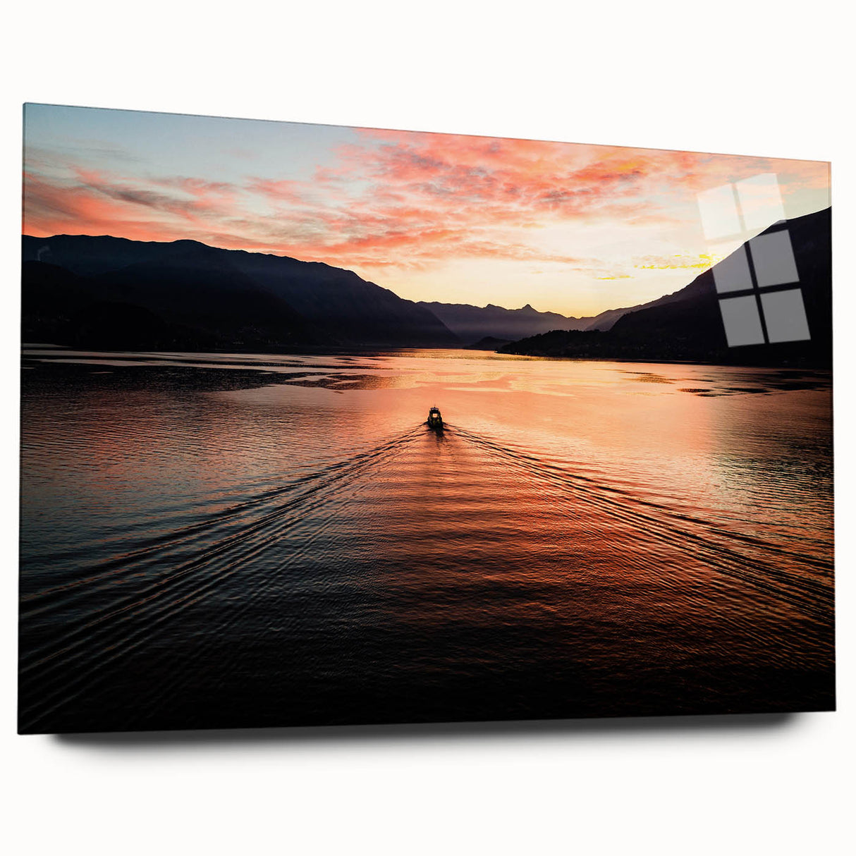Acrylic print of Lake Como with vivid blues and greens, ideal for bedroom or dining room art.