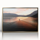 Art Deco style poster of Lake Como with muted blue and gold tones on framed acrylic, suitable for modern art wall decor.