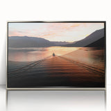 Large art print of Lake Como with muted blues and greens on a silver-framed acrylic, suitable for modern art wall decor.