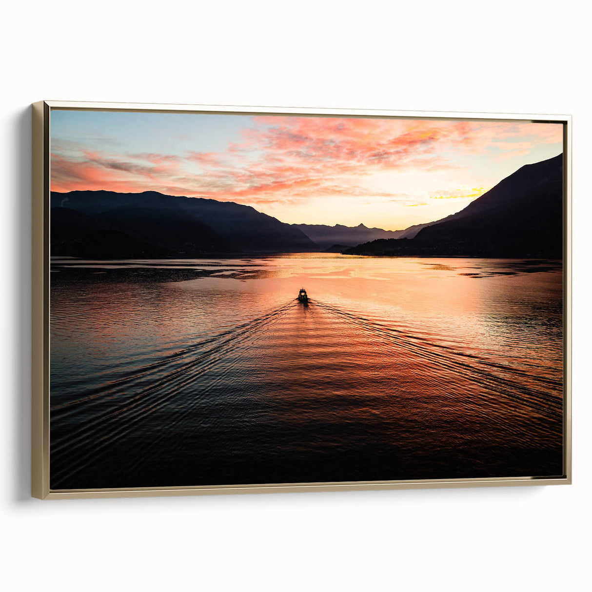 Framed canvas wall art of Lake Como with muted earth tones and vintage poster style, ideal for bedroom decor.