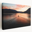 Large art print of Lake Como, Italy, in muted blue and green tones on stretched canvas, ideal for kitchen wall art.