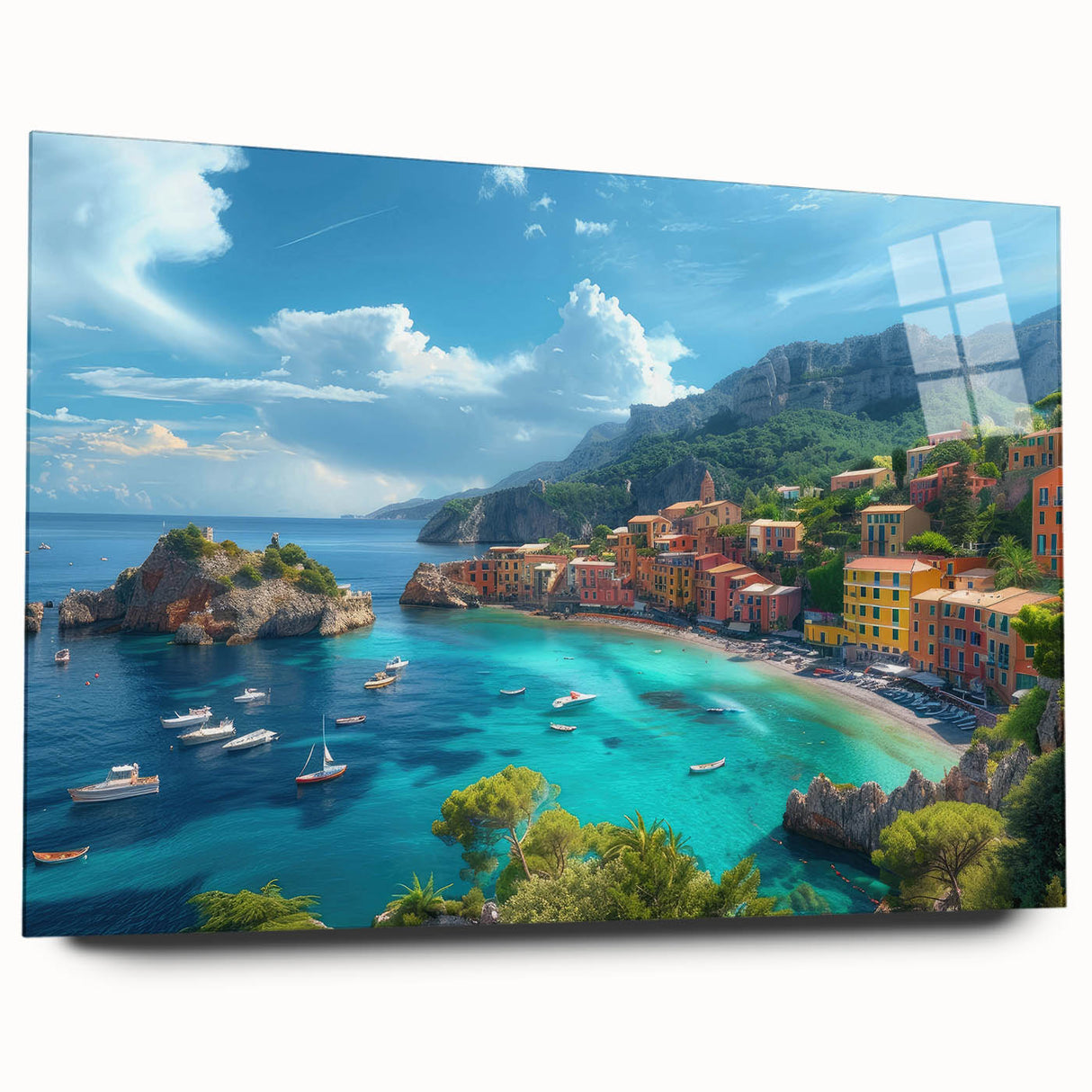 Large abstract wall art of Portofino, Italy in vibrant hues on acrylic glass, ideal for bedroom or dining room decor.