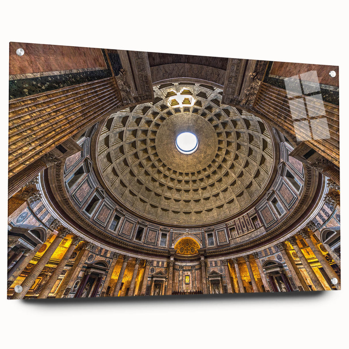 Acrylic print of a Rome cityscape in muted earth tones, suitable for dining room decor.