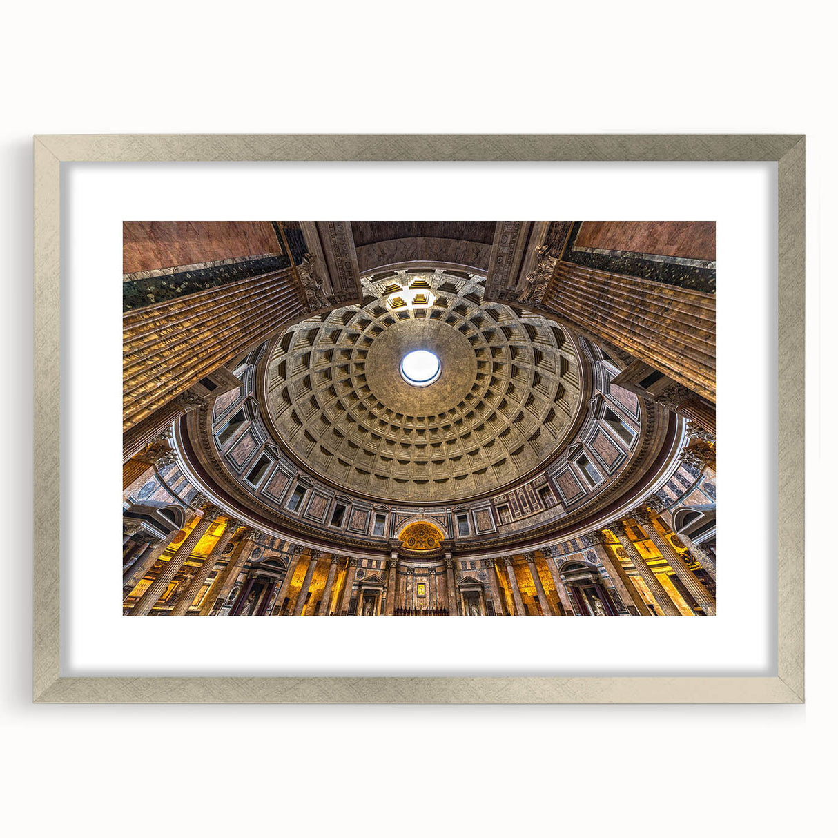 Extra large wall art of abstract Rome scenery in textured silver frame, ideal for living room decor.