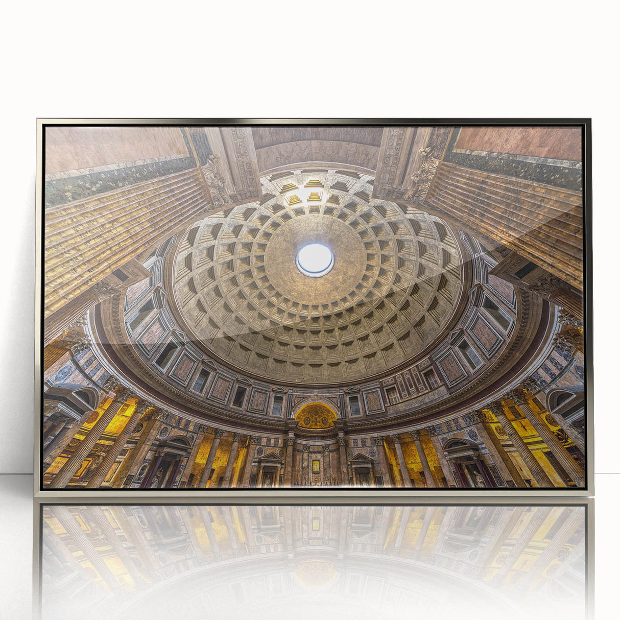 Acrylic print of Rome scenery with silver frame, mid-century modernist style, suitable for modern art wall decor.
