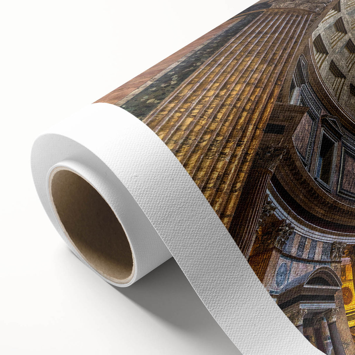 Art Deco poster of Rome scenery on rolled canvas, featuring muted earth tones, ideal for nursery wall art or dining room.