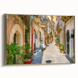 Framed canvas wall art featuring a vintage-style Sicilian landscape in muted earth tones, ideal for bedroom decor.