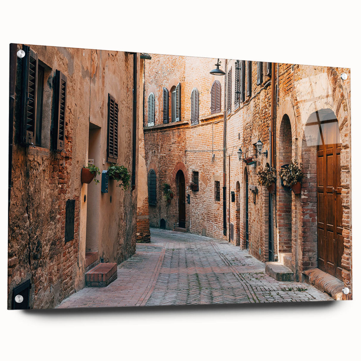Acrylic print of a Tuscan landscape in muted earth tones, ideal for dining room decor.