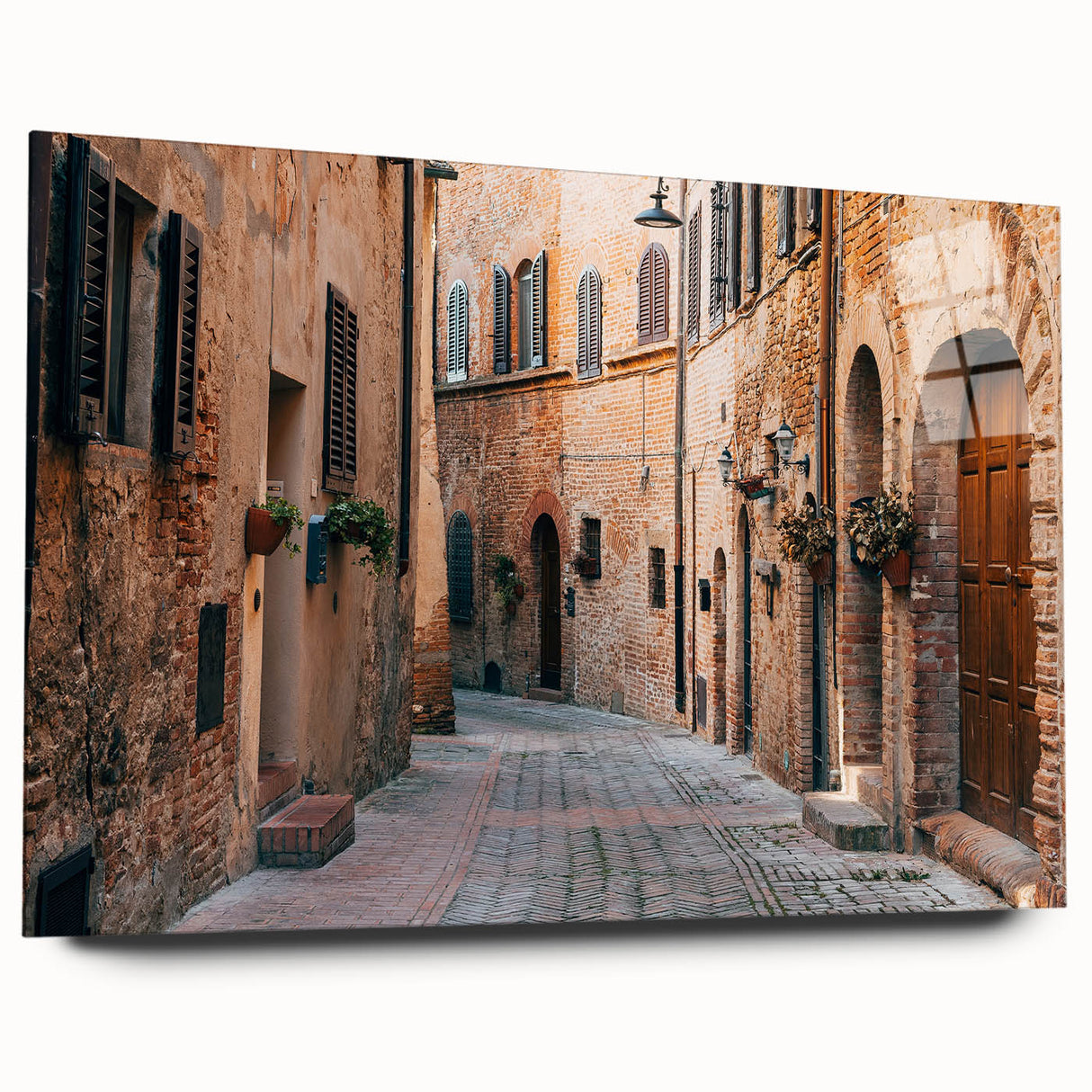 Large abstract wall art depicting the Tuscan landscape in muted earth tones on acrylic glass.