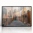 Mid-century modernist Tuscan landscape in muted earth tones, large acrylic print framed in black, ideal for dining room art.