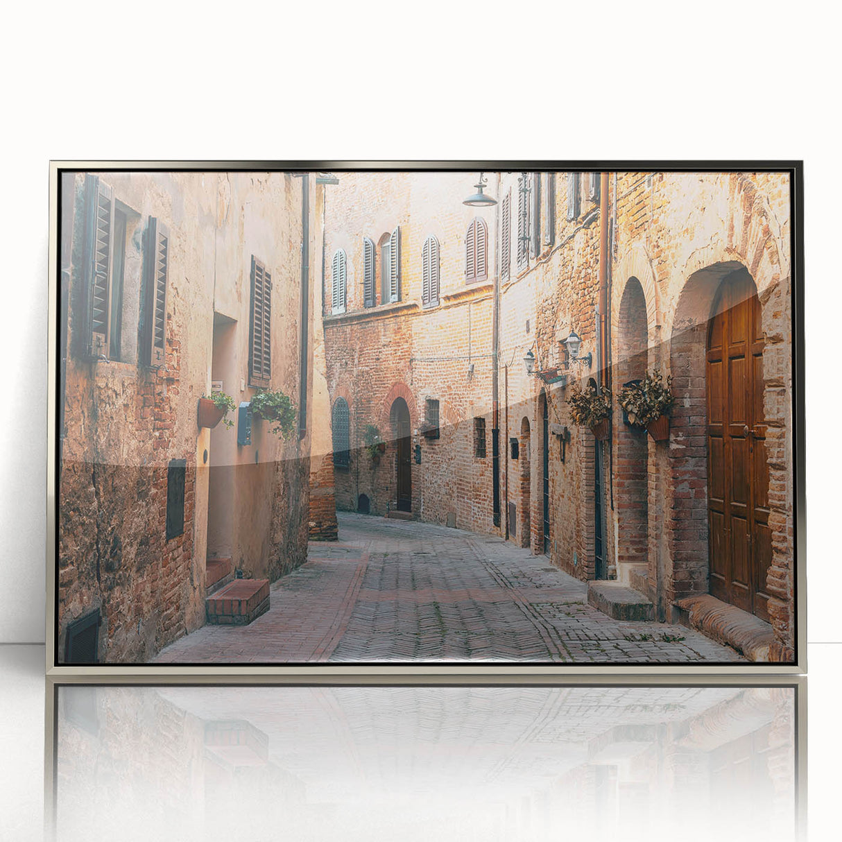 Framed acrylic print of a Tuscan landscape in muted earth tones, ideal for modern art wall decor.