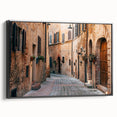 Black and white framed canvas of a Tuscan landscape, featuring rolling hills and sparse trees, ideal for bedroom wall decor.