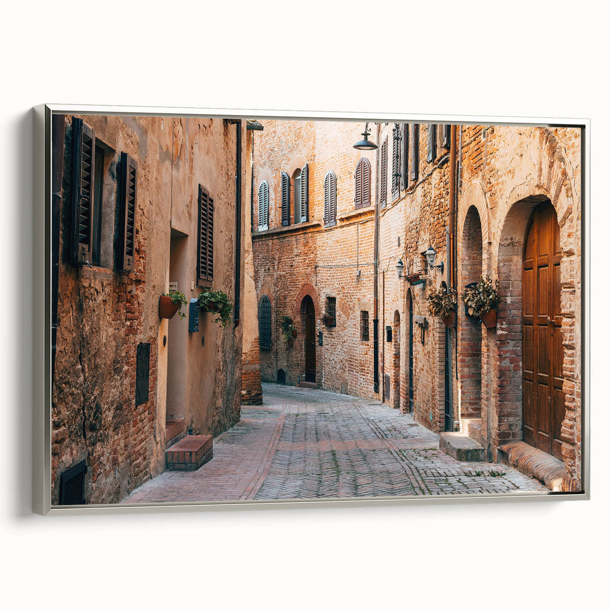 Framed canvas landscape art painting featuring a Tuscan scenery in vibrant earth tones.