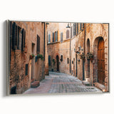 Framed canvas landscape art painting featuring a Tuscan scenery in vibrant earth tones.