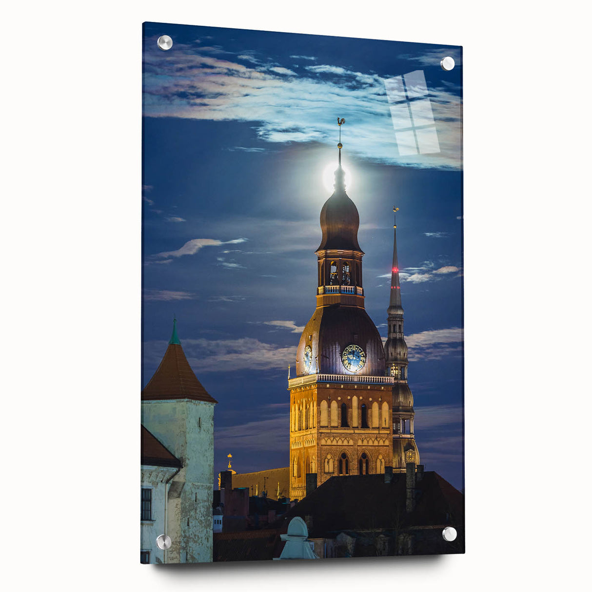 Acrylic print of a European landscape in muted greens and blues, ideal for dining room decor.