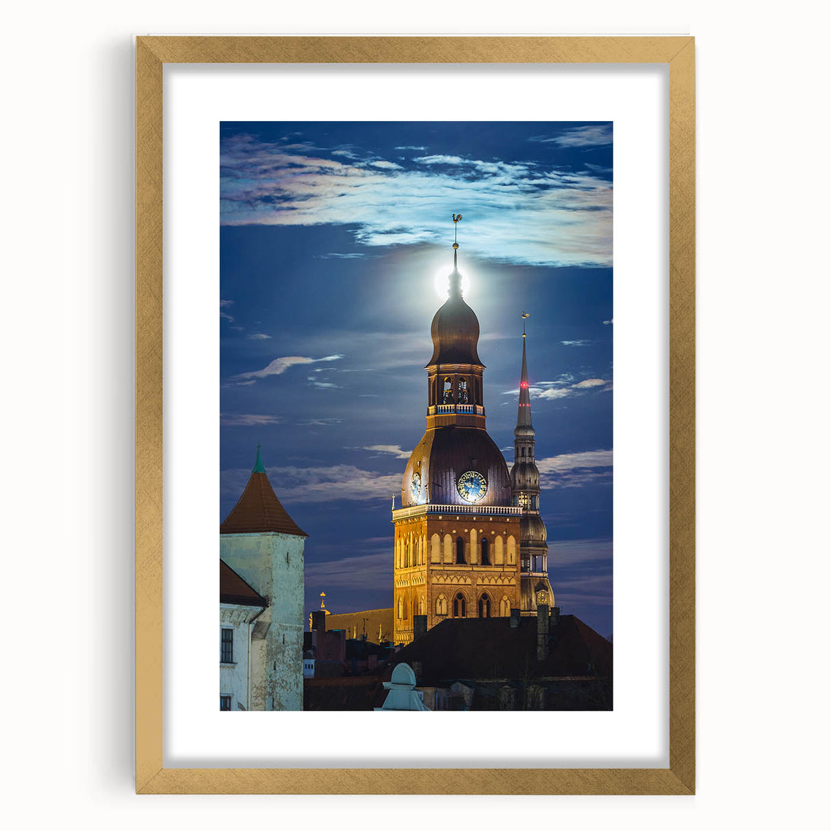 Abstract art print of a European landscape in gold frame, with muted earth tones, ideal for dining room decor.