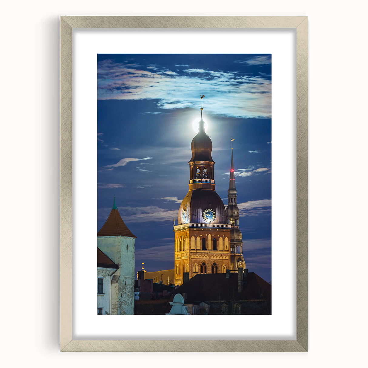 Textured abstract art print of a European scenery in muted earth tones, framed in silver, ideal for living room decor.
