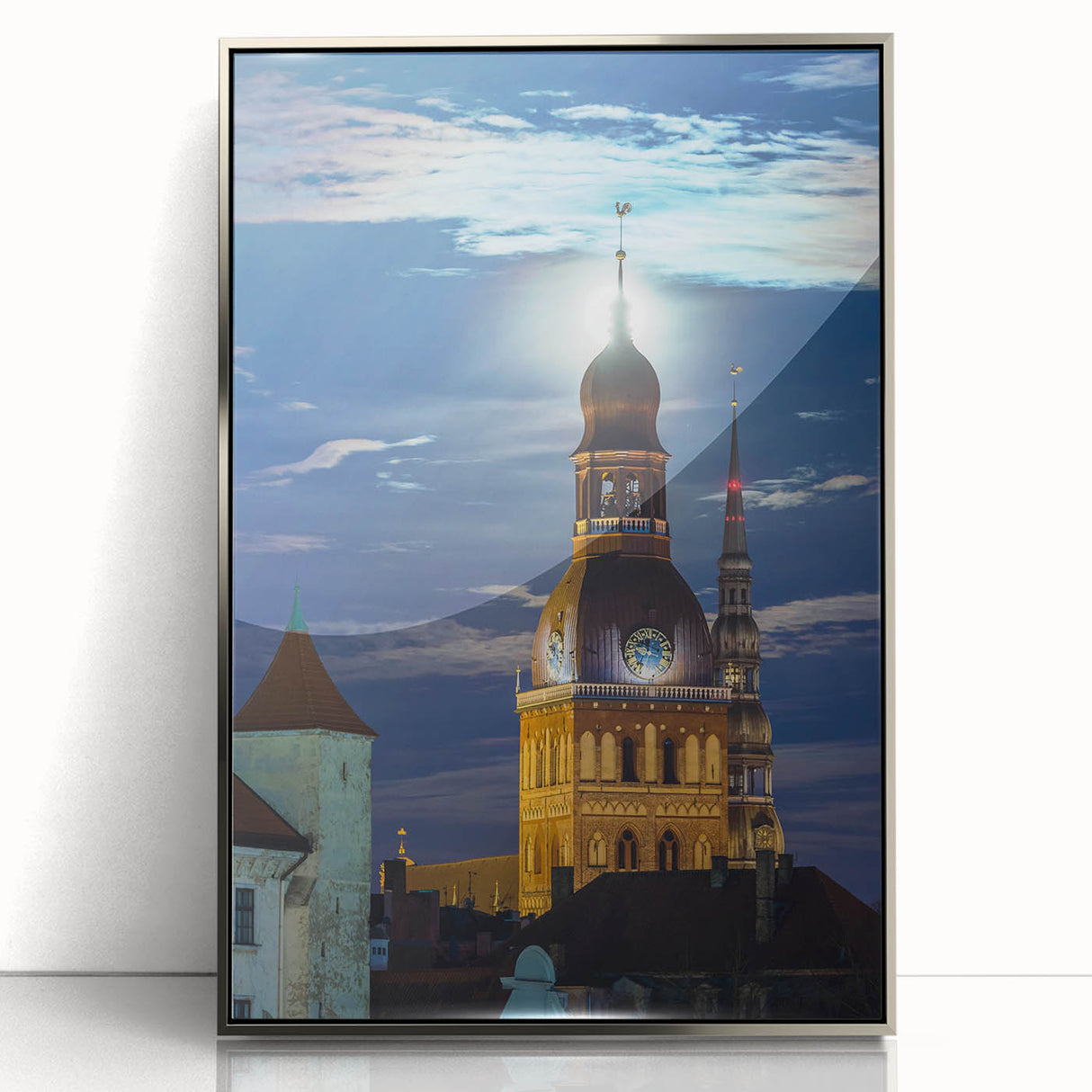 Large art print of a European landscape in Latvia, framed in silver acrylic, featuring mid-century modernist style.