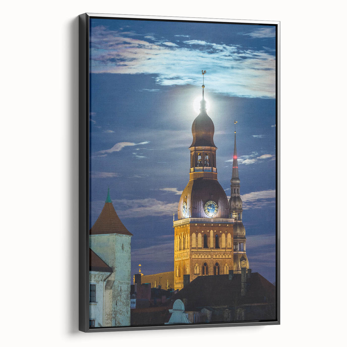 Black and white framed canvas depicting a vintage European landscape, ideal for bedroom wall art.