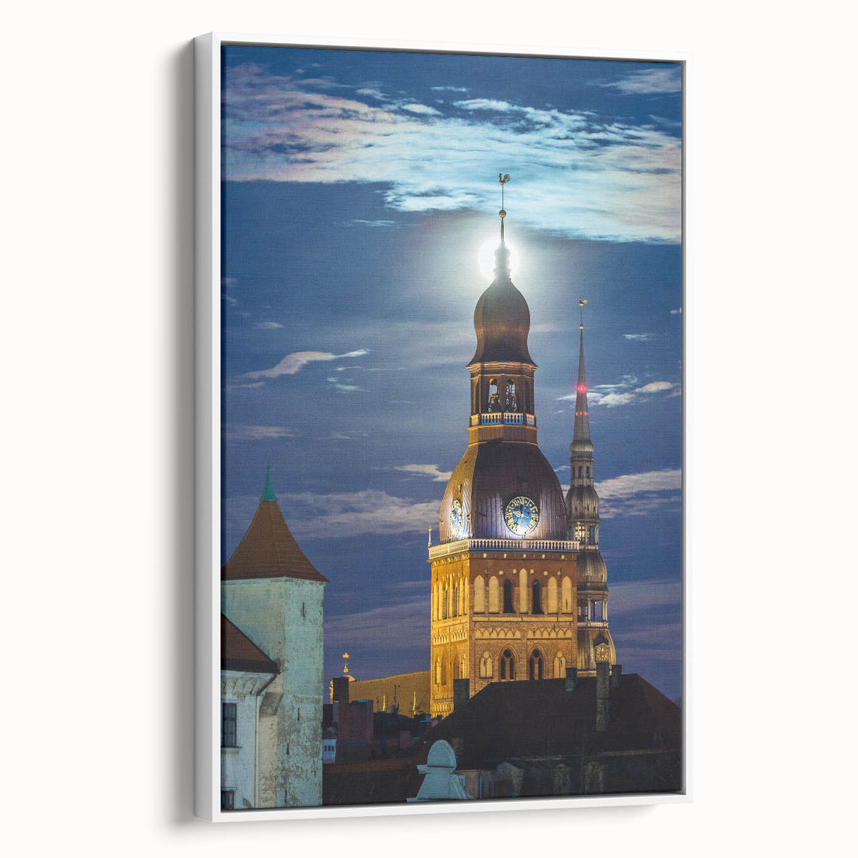 Vintage poster art of a European scene in Latvia on a framed canvas, featuring vibrant colors, ideal for living room decor.