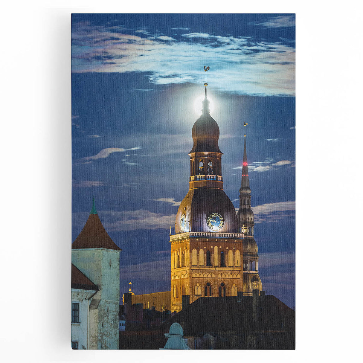 Black and white photograph of a European cityscape on stretched canvas, ideal for kitchen wall art.