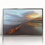 Large framed acrylic print of a Lithuanian landscape, with muted green and brown tones, in a mid-century modernist style.