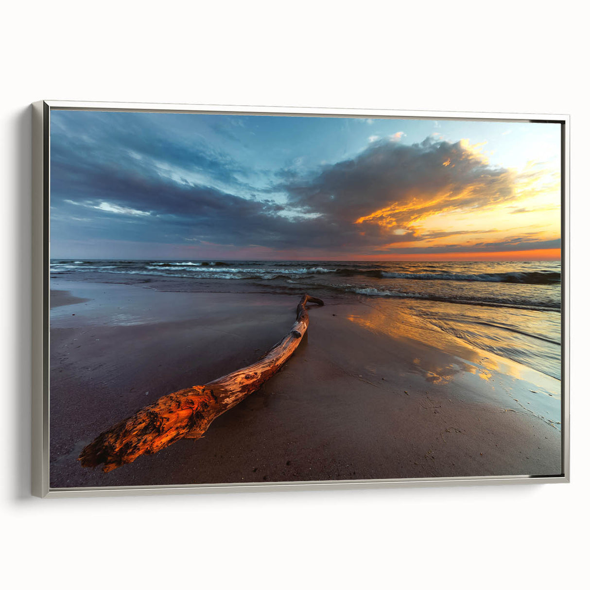 Framed canvas of a vintage-style landscape painting depicting a Lithuanian scenery in muted colors.