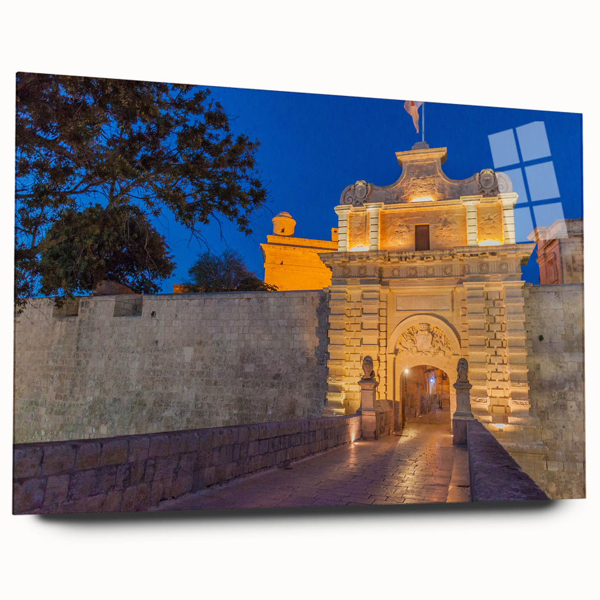 Large abstract wall art of a European Malta scenery in muted blue and green tones on acrylic glass.
