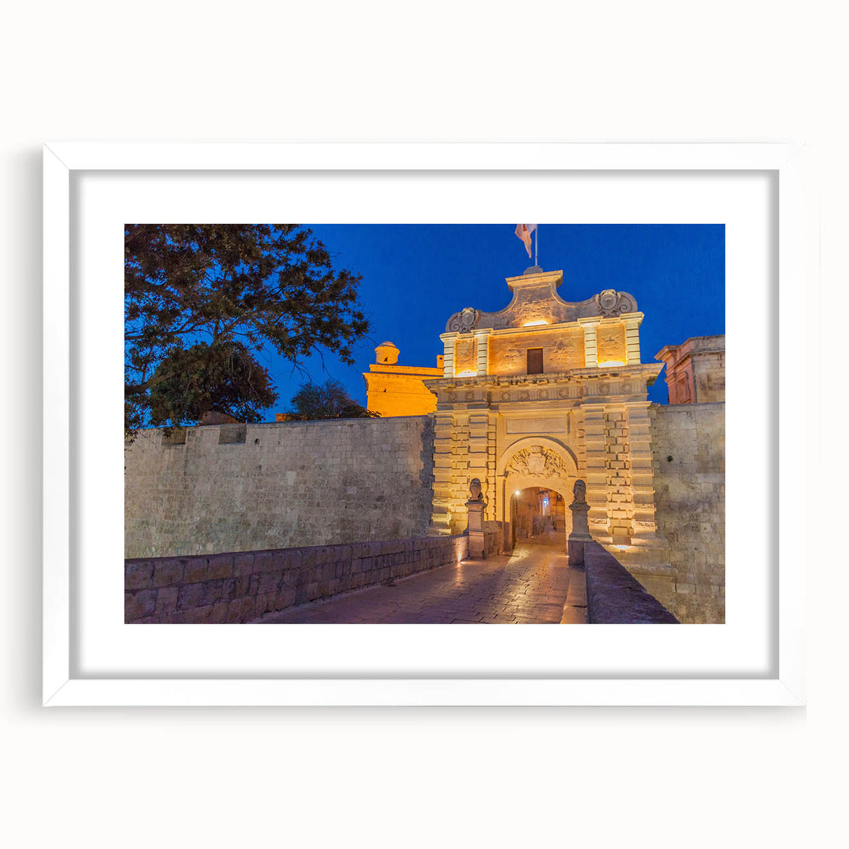 Textured abstract art print of a European Malta scenery in muted earth tones, framed with a white mat.