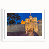 Textured abstract art print of a European Malta scenery in muted earth tones, framed with a white mat.