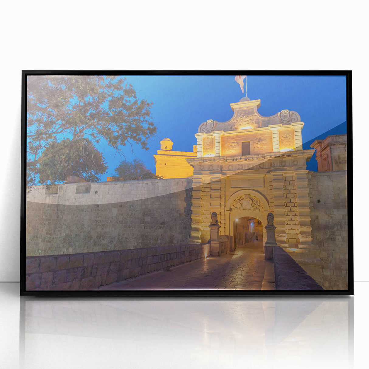 Large abstract wall art depicting a European Malta scenery in mid-century modernist style, framed in black acrylic.