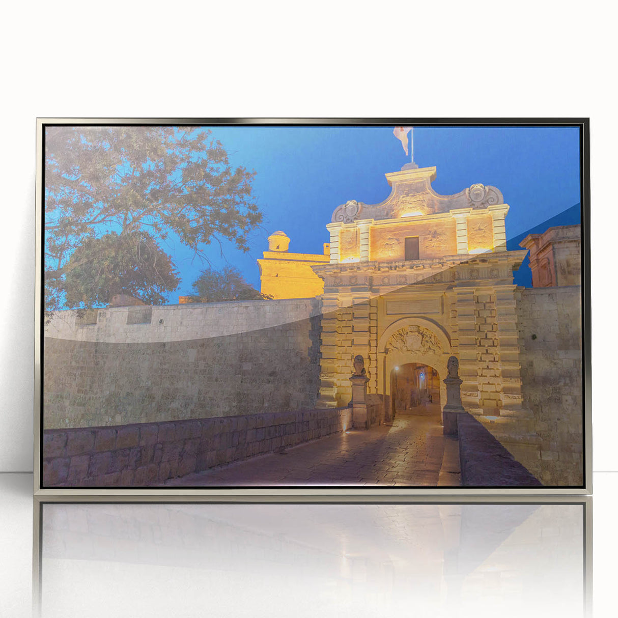 Mid-century modernist art print of a European Malta scenery in muted colors on a silver-framed acrylic.