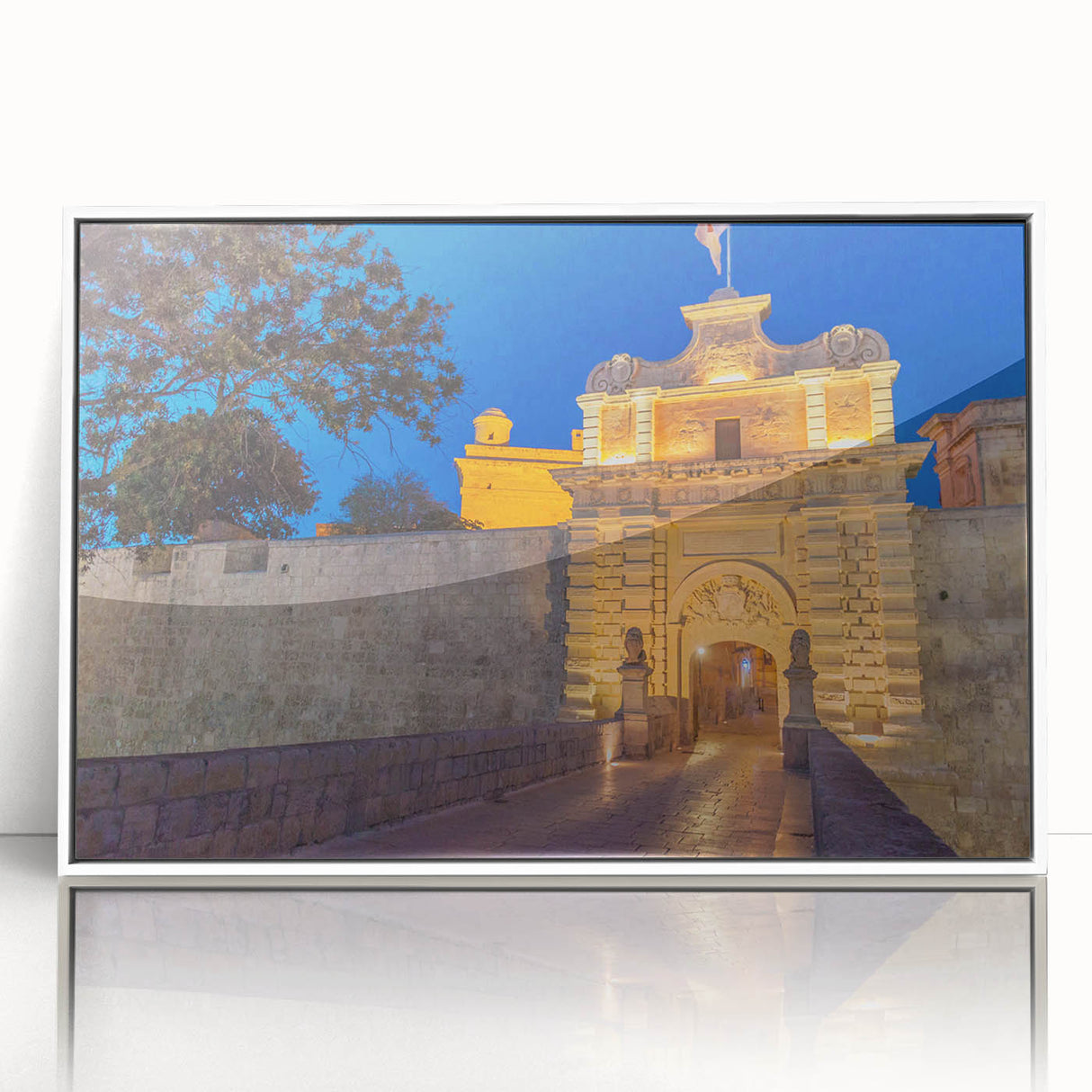 Mid-century modernist art depicting a Malta coastal scene in muted blue and white tones, framed acrylic.