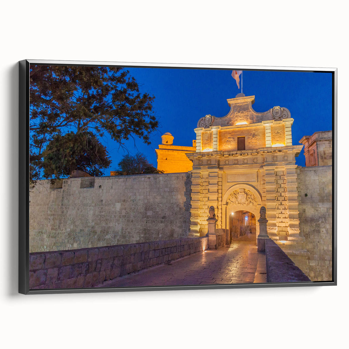 Black and white framed canvas of a vintage Malta landscape, ideal for bedroom wall art.