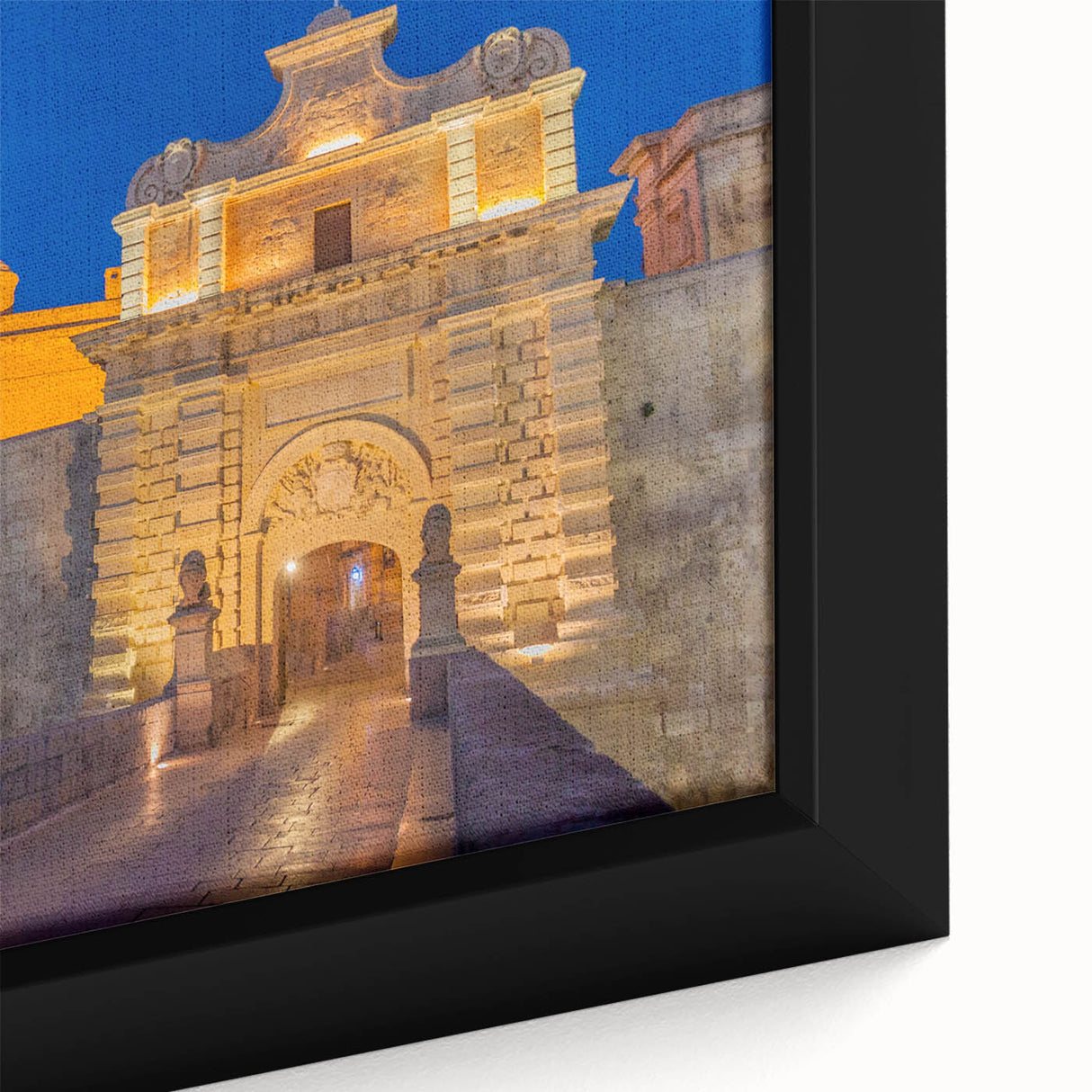 Extra large framed canvas featuring a textured depiction of a European Malta scenery in black with colorful art accents.