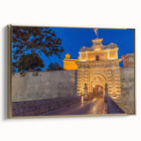 Framed canvas of a vintage Malta landscape in muted gold and black tones, ideal for bedroom wall art.