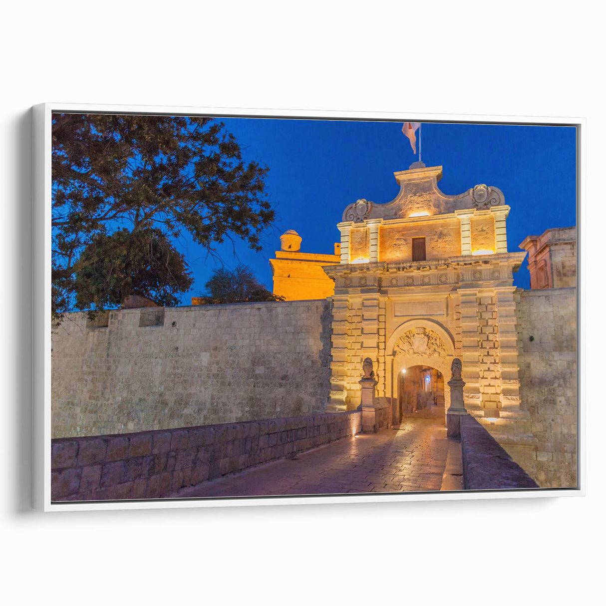 Vintage poster art of Malta scenery on framed canvas, featuring colorful art in extra large size.