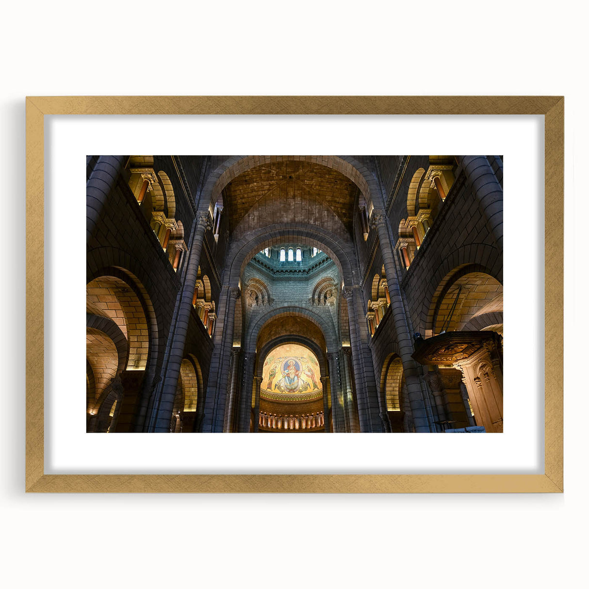 Abstract art print of Monaco scenery in muted gold and blue tones on a framed canvas, suited for dining room decor.
