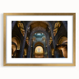 Abstract art print of Monaco scenery in muted gold and blue tones on a framed canvas, suited for dining room decor.
